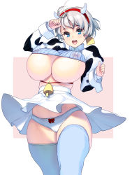 Rule 34 | 1girl, ahoge, animal print, bell, blue eyes, bow, bow panties, breasts, cameltoe, cow girl, cow horns, cow print, cowbell, cowboy shot, crop top, ear tag, hairband, high-waist skirt, highres, horns, huge breasts, juliet sleeves, kouno (masao), long sleeves, mole, mole on breast, no bra, open mouth, original, panties, pantyshot, photoshop (medium), puffy sleeves, revision, ribbed sweater, short hair, silver hair, skirt, smile, solo, standing, sweater, thick thighs, thighhighs, thighs, turtleneck, two-tone background, underboob, undersized clothes, underwear, white panties, white skirt, white thighhighs, wind, wind lift, wrist cuffs