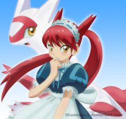 Rule 34 | 1girl, alternate color, apron, bad deviantart id, bad id, blush, colorized, creatures (company), derivative work, dual persona, game freak, gen 3 pokemon, highres, latias, legendary pokemon, looking at viewer, maid apron, maid headdress, nintendo, open mouth, personification, pokemon, pokemon (creature), pokemon adventures, red hair, shadow, shadsonic2, sidelocks, twintails, watermark, web address, yellow eyes