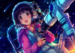 Rule 34 | 10s, 1girl, :d, animal earmuffs, bear, black hair, blunt bangs, blush, breath, brown eyes, chair, cold, dutch angle, earmuffs, fingerless gloves, flat chest, gloves, hair ornament, holding, hood, hood down, hooded jacket, idolmaster, idolmaster million live!, ima (lm ew), jacket, light particles, long sleeves, looking up, nakatani iku, night, night sky, one side up, open clothes, open jacket, open mouth, pants, pink scarf, polka dot, revision, scarf, shooting star, short hair, sitting, sky, smile, solo, star (sky), telescope, twilight, white pants, zipper
