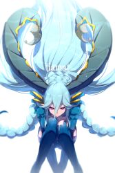 Rule 34 | 1girl, aqua hair, braid, character name, crossed bangs, curled horns, echo (circa), elbow gloves, fate/grand order, fate (series), gloves, hair between eyes, horns, long hair, long horns, looking at viewer, pink eyes, pointy ears, shrug (clothing), solo, squatting, striped clothes, striped gloves, symbol-shaped pupils, thighs, tiamat (fate), twin braids, vertical-striped clothes, vertical-striped gloves, very long hair
