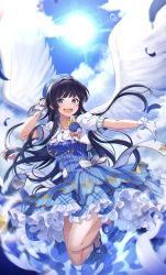 Rule 34 | 1girl, :d, absurdres, angel wings, beret, black hair, blue eyes, blue footwear, blue hat, blue sky, blurry, blurry foreground, blush, breasts, day, dress, feathered wings, feathers, frilled dress, frills, full body, gloves, hat, highres, idol, idolmaster, idolmaster million live!, idolmaster million live! theater days, jumping, kurousagi yuu, long hair, looking at viewer, medium breasts, mogami shizuka, open mouth, outdoors, puffy short sleeves, puffy sleeves, short sleeves, sky, smile, solo, song name, sun, sunlight, thighs, white gloves, white wings, wings