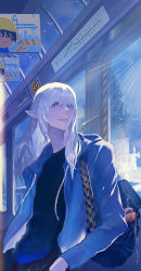 Rule 34 | 1boy, bag, bag charm, blue eyes, casual, charm (object), elezen, elf, estinien varlineau, eyeball, final fantasy, final fantasy xiv, hand in pocket, highres, hood, hood down, hooded jacket, jacket, long hair, looking at viewer, male focus, open clothes, open jacket, pointy ears, solo, white hair, zxin