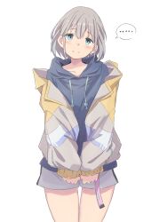 Rule 34 | ..., 1girl, blue eyes, blue hoodie, breasts, closed mouth, collarbone, cowboy shot, dot nose, earrings, eitopondo, grey hair, grey shorts, highres, hood, hood down, hoodie, idolmaster, idolmaster shiny colors, jacket, jewelry, long sleeves, looking at viewer, multicolored clothes, multicolored jacket, off shoulder, open clothes, open jacket, serizawa asahi, short hair, shorts, simple background, single earring, sleeves past wrists, small breasts, solo, speech bubble, standing, two-tone jacket, v arms, white background