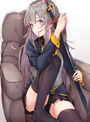 Rule 34 | 1girl, absurdres, armchair, black cola, black jacket, black thighhighs, blue eyes, brown skirt, chair, fingernails, grey hair, hair between eyes, heart, heart-shaped pupils, highres, holding, holding sheath, jacket, katana, knee up, long hair, long sleeves, mouth hold, on chair, original, pleated skirt, red ribbon, ribbon, sheath, sheathed, simple background, sitting, skirt, solo, sword, symbol-shaped pupils, thighhighs, very long hair, weapon, white background