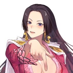 Rule 34 | 1girl, amazon warrior, black hair, boa hancock, cape, dress, earrings, facing viewer, highres, jewelry, long hair, long sleeves, one piece, open mouth, pointing, pointing down, portrait, red dress, simple background, snake earrings, solo, teeth, upper teeth only, white background, xuchuan