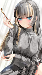 Rule 34 | 1girl, black dress, black hair, blunt bangs, dress, frilled dress, frills, grey hair, highres, holding, holding smoking pipe, hololive, hololive dev is, juufuutei raden, long hair, looking at viewer, multicolored hair, open mouth, sidelocks, smoking pipe, solo, streaked hair, takahira (takahirac562), virtual youtuber