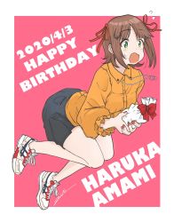 Rule 34 | 1girl, amami haruka, artist name, black shorts, bow, character name, collared shirt, commentary, cross-laced footwear, dated, english text, floating, flying sweatdrops, frilled sleeves, frills, frown, gift, hair ribbon, happy birthday, highres, holding, holding gift, idolmaster, idolmaster (classic), jewelry, long sleeves, nail polish, necklace, no socks, open mouth, orange nails, orange shirt, outside border, pink background, red bow, red ribbon, ribbon, shirt, shoes, short hair, short shorts, shorts, signature, sneakers, solo, surprised, sweatdrop, white footwear, zono (inokura syuzo029)