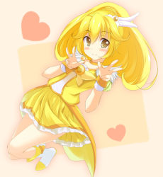 Rule 34 | 10s, 1girl, bad id, bad pixiv id, blonde hair, blush, blush stickers, boots, bow, choker, cure peace, double v, dress, frills, griefwear, hair flaps, hair ornament, kise yayoi, long hair, magical girl, precure, skirt, smile, smile precure!, solo, v, wide ponytail, wings, wrist cuffs, yellow bow, yellow dress, yellow eyes, yellow skirt, yellow theme