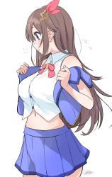 Rule 34 | 1girl, absurdres, blue eyes, blue skirt, blue vest, breasts, brown hair, collared shirt, commentary, cropped shirt, cropped vest, dressing, from side, hair flaps, hair ornament, highres, hololive, long hair, looking down, medium breasts, navel, ogura toast, shirt, simple background, skirt, sleeveless, sleeveless shirt, solo, star (symbol), star hair ornament, symbol-only commentary, tokino sora, tokino sora (1st costume), vest, virtual youtuber, white background, white shirt