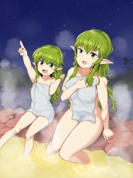Rule 34 | 2girls, bare shoulders, bathing, blade ride, breasts, collarbone, dual persona, fangs, female focus, fire emblem, fire emblem: mystery of the emblem, fire emblem awakening, fire emblem heroes, green eyes, green hair, hair between eyes, highres, large breasts, long hair, looking up, matching hair/eyes, multiple girls, night, night sky, nintendo, aged up, onsen, open mouth, outdoors, pointing, pointy ears, sitting, sky, slit pupils, small breasts, steam, teeth, thighs, tiki (fire emblem), towel, towel over breasts, water, wide hips