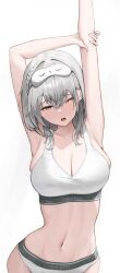 Rule 34 | 1girl, absurdres, arms up, bra, breasts, calvin klein, cleavage, green eyes, grey hair, highres, holding own arm, hololive, large breasts, medium hair, navel, one eye closed, panties, shirogane noel, simple background, sleep mask, solo, soriham, stomach, stretching, underwear, virtual youtuber, white background, white bra, white panties, wide hips