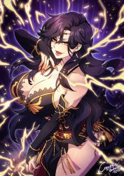 Rule 34 | 1girl, black hair, breasts, bridal gauntlets, circlet, cleavage, collarbone, crescentia fortuna, dress, earrings, electricity, eyes visible through hair, fingernails, fire emblem, fire emblem heroes, highres, huge breasts, jewelry, long fingernails, long hair, nintendo, signature, solo, sonia (fire emblem: the blazing blade), very long hair, yellow eyes