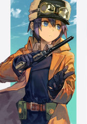 Rule 34 | 1girl, belt pouch, black gloves, coat, colt 1851 navy, fur hat, gloves, goggles, goggles on headwear, gun, hair between eyes, handgun, hat, holding, holding gun, holding weapon, hungry clicker, kino (kino no tabi), kino no tabi, leather belt, outdoors, pouch, reverse trap, revolver, short hair, solo, weapon