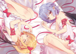 Rule 34 | 2girls, ^ ^, absurdres, alternate costume, arm ribbon, bare arms, bare legs, bare shoulders, barefoot, bat wings, bed sheet, beni kurage, blonde hair, blue hair, blush, bow, closed eyes, collarbone, commentary, crystal, dress, feet out of frame, flandre scarlet, hair bow, hand up, highres, looking at viewer, lying, multiple girls, no headwear, on side, one side up, pointy ears, red bow, red eyes, red ribbon, remilia scarlet, ribbon, shadow, short dress, short hair, siblings, sidelocks, sisters, strapless, strapless dress, thighs, touhou, upside-down, white dress, wings