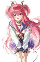 Rule 34 | 1girl, ahoge, angel beats!, black choker, blush, choker, collarbone, fangs, feet out of frame, hands on own thighs, highres, looking at viewer, neckerchief, pink eyes, pink hair, red neckerchief, school uniform, serafuku, simple background, smile, solo, thigh strap, two side up, white background, yui (angel beats!), zuzu (wckd7545)