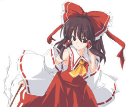 1girl bow brown_eyes brown_hair detached_sleeves female_focus hair_bow hakurei_reimu imuraya_ayuka long_hair solo touhou