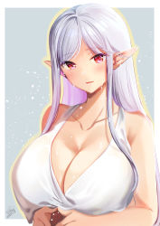 Rule 34 | 1girl, absurdres, azuma yuki, bare shoulders, breasts, cleavage, collarbone, commentary request, elf, highres, huge breasts, long hair, looking at viewer, original, pointy ears, red eyes, silver hair, simple background, sleeveless, solo, sweat