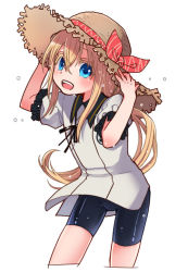Rule 34 | 019, 10s, 1boy, :d, bad id, bad pixiv id, bike shorts, blonde hair, blouse, blue eyes, blush, bow, colored eyelashes, crossdressing, frilled sleeves, frills, hair between eyes, hands on headwear, hat, hat bow, hat ribbon, long hair, looking at viewer, male focus, midare toushirou, neck ribbon, open mouth, ponytail, ribbon, satou saori, shirt, short sleeves, shorts, sidelocks, smile, solo, straw hat, touken ranbu, trap, very long hair, water drop, wet, white background, white shirt, wing collar
