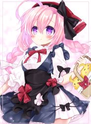 Rule 34 | 1girl, ahoge, apron, azur lane, basket, black apron, black bow, black dress, blush, bow, braid, breasts, closed mouth, commentary request, dress, frilled apron, frills, hair between eyes, hair bow, hat, highres, holding, holding basket, long hair, looking at viewer, low twintails, manjuu (azur lane), official alternate costume, pink hair, puffy short sleeves, puffy sleeves, purple eyes, red hat, saratoga (azur lane), saratoga (the sweetest picnic!) (azur lane), shikito (yawa0w0), shirt, short sleeves, sleeveless, sleeveless dress, small breasts, smile, solo, twin braids, twintails, very long hair, waist apron, white bow, white shirt