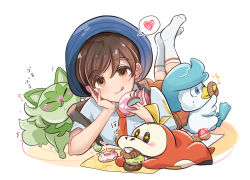 Rule 34 | 1boy, :q, blue headwear, brown eyes, brown hair, commentary request, creatures (company), doughnut, florian (pokemon), food, fuecoco, game freak, hat, heart, holding, holding food, looking at viewer, lying, male focus, meri bab, necktie, nintendo, on stomach, orange necktie, pokemon, pokemon (creature), pokemon sv, quaxly, shirt, short hair, short sleeves, spoken heart, sprigatito, starter pokemon trio, strap, tongue, tongue out, white background, white shirt