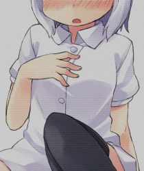 Rule 34 | 1girl, black thighhighs, blush, chacha (tyatya), dress shirt, female focus, flat chest, hand on own chest, head out of frame, konpaku youmu, open mouth, shirt, short hair, solo, thighhighs, touhou