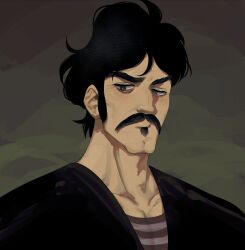Rule 34 | 1boy, absurdres, bebinn, black eyes, black hair, cleft chin, facial hair, gradient background, highres, looking at viewer, male focus, mustache, ousama ranking, portrait, scepterno, short hair, sideburns, soul patch, upper body
