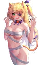 Rule 34 | 1girl, :d, animal ears, bandages, black nails, blonde hair, blush, bow, bowtie, breasts, cat ears, cat girl, cat tail, chest sarashi, claw pose, cleavage, collar, collarbone, commentary, cowboy shot, deaver, eyepatch, fang, fischl (genshin impact), genshin impact, gradient sky, green eyes, groin, halloween, highres, kemonomimi mode, long hair, looking at viewer, medium breasts, nail polish, naked bandage, navel, one eye covered, open mouth, pumpkin, purple bow, purple bowtie, sarashi, simple background, skin fang, sky, smile, solo, stomach, sweat, tail, tail ornament, two side up, underboob, very long hair, white background