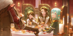 Rule 34 | 4boys, absurdres, aged down, apple, artoirel de fortemps, blue eyes, blue hair, bread, bread slice, brothers, brown coat, brown hair, candlelight, candlestand, cherry, child, closed eyes, coat, coat of arms, crumbs, cup, cutlery, dinner, elezen, elf, emmanellain de fortemps, family, father and son, final fantasy, final fantasy xiv, food, fork, fruit, fur coat, gatto3587, hair over one eye, haurchefant greystone, head out of frame, highres, holding, holding fork, holding knife, indoors, jacket, jam, jar, knife, lens flare, long bangs, long hair, looking at another, looking at viewer, multiple boys, napkin, open mouth, plate, pointy ears, short hair, siblings, sliced meat, table, tablecloth, teacup, wall lamp, white jacket