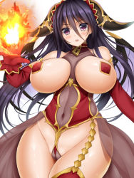 Rule 34 | 1girl, bare shoulders, black hair, blush, breastless clothes, breasts, choker, cleavage, covered erect nipples, curvy, detached sleeves, female focus, fire, gloves, horns, inma kourin devil carnival, large breasts, leotard, lock, long hair, long skirt, looking at viewer, magic, magician, navel, open clothes, open mouth, open skirt, pasties, purple eyes, red gloves, red thighhighs, revealing clothes, see-through, seta (monyun), simple background, skirt, solo, spell, standing, teeth, thighhighs, thighs, white background, wide hips