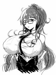 Rule 34 | 1girl, blunt bangs, breasts, collared shirt, ether (nikke), geist43195783, glasses, goddess of victory: nikke, greyscale, high-waist shorts, high ponytail, highres, huge breasts, jacket, light blush, looking at viewer, monochrome, necktie, off-shoulder jacket, off shoulder, open clothes, open jacket, shirt, shorts, sketch, sleeveless, sleeveless shirt, solo