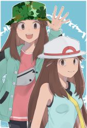Rule 34 | 2girls, :d, bike shorts, blue shirt, border, breasts, brown eyes, brown hair, bucket hat, buttons, camouflage, camouflage headwear, closed mouth, commentary request, creatures (company), dated, dual persona, game freak, green jacket, grey bag, hair flaps, hat, highres, jacket, leaf (pokemon), leaf (sygna suit) (pokemon), long hair, multiple girls, multiple views, nintendo, official alternate costume, open clothes, open jacket, open mouth, osigatoutoi tou, pink shirt, pokemon, pokemon frlg, pokemon masters ex, shirt, sleeveless, sleeveless shirt, smile, teeth, tongue, upper teeth only, waving, white border, white headwear