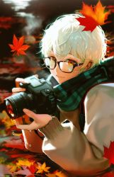 Rule 34 | 1other, ambiguous gender, autumn, autumn leaves, camera, closed mouth, glasses, highres, leaf, looking at viewer, lying, maple leaf, on (onon2659), on stomach, original, red eyes, scarf, short hair, sweater, water drop, white hair