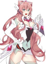 Rule 34 | 1girl, blue eyes, bodysuit, breasts, cleavage, cleavage cutout, clothing cutout, cowboy shot, elbow gloves, gloves, hand on own hip, headgear, large breasts, long hair, maria cadenzavna eve, open mouth, pink hair, resyeol, senki zesshou symphogear, simple background, solo, thighhighs, white background, white gloves