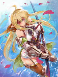 Rule 34 | armor, armored dress, armpits, blonde hair, blush, breasts, denizen tomo, elf, eyepatch, highres, large breasts, looking at viewer, original, pointy ears, purple eyes, solo, sword, thighhighs, water, weapon