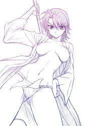 Rule 34 | 1girl, ahoge, bokken, breasts, female focus, from below, fundoshi, hand on own hip, hattori junko, hip focus, ichiban ushiro no daimaou, japanese clothes, large breasts, misnon the great, monochrome, navel, nipples, open clothes, open robe, panties, robe, short hair, sketch, solo, sword, thong, underwear, weapon, wooden sword
