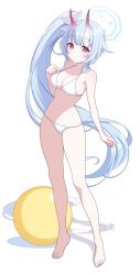 Rule 34 | 1girl, absurdres, bad id, bad twitter id, ball, bare arms, bare shoulders, barefoot, beachball, bikini, blue archive, blue hair, breasts, chise (blue archive), cleavage, closed mouth, full body, hair ribbon, halo, halterneck, highres, horns, long hair, looking at viewer, medium breasts, navel, oni horns, pn (wnsl216), red eyes, ribbon, side ponytail, simple background, solo, standing, stomach, string bikini, swimsuit, thighs, very long hair, white background, white bikini