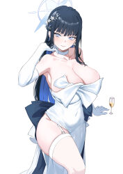 Rule 34 | 1girl, absurdres, alcohol, bare shoulders, black hair, blue archive, blue eyes, blue hair, blue halo, breasts, champagne, champagne flute, choker, cleavage, closed mouth, colored inner hair, commentary, cup, dress, drinking glass, earrings, elbow gloves, gloves, guomie 919, halo, highres, jewelry, large breasts, long hair, looking at viewer, multicolored hair, official alternate costume, saori (blue archive), saori (dress) (blue archive), simple background, smile, solo, thighhighs, thighs, two-tone hair, white background, white choker, white dress, white gloves, white thighhighs