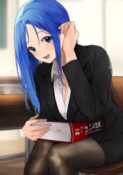 Rule 34 | 1girl, akito (d30n26), bad id, bad twitter id, black pantyhose, blue eyes, blue hair, book, commentary request, formal, tucking hair, long hair, looking at viewer, original, pantyhose, pencil skirt, sitting, skirt, skirt suit, solo, suit, teacher