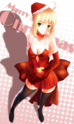 Rule 34 | 1girl, ahoge, aiovia, alternate costume, apple, artoria pendragon (all), artoria pendragon (fate), black thighhighs, blonde hair, christmas, dress, english text, fate/stay night, fate (series), food, fruit, green eyes, hat, looking at viewer, merry christmas, saber (fate), santa hat, solo, thighhighs