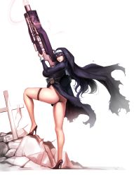 Rule 34 | 1girl, absurdres, ah-lyong lee, anti-materiel rifle, ass, blue hair, bottomless, breasts, cannon, closed mouth, cross, dress, full body, glowing, glowing eyes, gun, habit, hair between eyes, high heels, highres, holding, holding gun, holding weapon, huge filesize, huge gun, huge weapon, large breasts, last origin, long hair, long sleeves, looking at viewer, no panties, nun, pouch, red eyes, red lips, rifle, rubble, side slit, simple background, skindentation, slit pupils, smoke, sniper rifle, solo, standing, thigh strap, thighs, torn clothes, torn dress, veronica type-asc, very long hair, weapon, white background