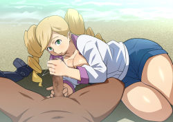 Rule 34 | 1girl, beach, blonde hair, breast press, breasts, censored, cleavage, clothed female nude male, curvy, drill hair, eco turbine, green eyes, gundam, gundam tekketsu no orphans, handjob, huge breasts, legs, long hair, long sleeves, looking at viewer, lying, mosaic censoring, motion blur, nude, ocean, on side, outdoors, parted lips, penis, plump, pov, shorts, smile, solo focus, tetrodotoxin, thick thighs, thighs, twintails, water, wide hips