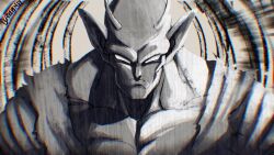 Rule 34 | 1boy, antennae, blank eyes, broonoart, chromatic aberration, commentary request, dragon ball, dragon ball super, dragon ball super super hero, frown, greyscale, highres, male focus, monochrome, muscular, muscular male, orange piccolo, piccolo, pointy ears, portrait, signature, solo