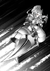 Rule 34 | 10s, 1girl, animal ears, armor, armored dress, braid, emphasis lines, foreshortening, full body, gauntlets, greaves, greyscale, halftone, highres, holding, holding weapon, kaya (nari1-24), kemono friends, long hair, long sleeves, looking at viewer, monochrome, muscular, muscular female, polearm, ponytail, red eyes, rhinoceros ears, side braid, sidelocks, solo, spear, spot color, standing, twin braids, weapon, white rhinoceros (kemono friends)