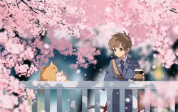 Rule 34 | 1boy, animal, arisa (aren), bag, bicycle, blurry, blurry background, blurry foreground, branch, brown bag, brown cat, brown hair, buckle, cat, cherry blossoms, coffee, coffee cup, collared shirt, commentary, cup, dappled sunlight, day, disposable cup, drink, falling petals, flower, grey eyes, grey jacket, highres, holding, holding drink, jacket, lapels, long sleeves, looking at animal, looking to the side, male focus, necktie, original, outdoors, petals, pink flower, plant, purple necktie, railing, school bag, shirt, short hair, shoulder bag, shoulder strap, solo, standing, sunlight, tree, white cat, white shirt, wind