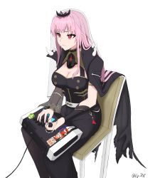 Rule 34 | arcade stick, bracer, breasts, cape, cleavage, controller, eyebrows hidden by hair, frown, game controller, gradient hair, green hair, hair behind ear, highres, holding, holding shield, holding sword, holding weapon, hololive, hololive english, joystick, kuon bb, long hair, medium breasts, mori calliope, multicolored hair, nail polish, orange hair, pink hair, red eyes, see-through, see-through sleeves, shield, single sleeve, sitting, solo, spikes, sticker, sword, takanashi kiara, tiara, veil, virtual youtuber, weapon