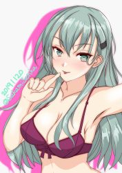Rule 34 | 1girl, :p, absurdres, aqua eyes, aqua hair, bad id, bad twitter id, bare shoulders, blush, bra, breasts, cleavage, dated, finger to mouth, hair ornament, hairclip, highres, kantai collection, large breasts, long hair, looking at viewer, one-hour drawing challenge, purple bra, sakami senka, selfie, solo, suzuya (kancolle), tongue, tongue out, twitter username, underwear, underwear only, upper body