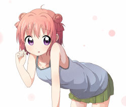 Rule 34 | 1girl, ahoge, akaza akari, bare arms, bare shoulders, bent over, blush, breasts, casual, collarbone, double bun, female focus, green skirt, hair bun, hair intakes, hand up, leaning forward, looking at viewer, looking away, looking to the side, pleated skirt, purple eyes, red hair, simple background, skirt, sleeveless, small breasts, solo, tank top, tata (tataice), yuru yuri