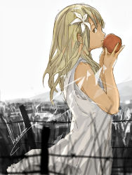 Rule 34 | 1girl, apple, barbed wire, blonde hair, flower, food, fruit, hair flower, hair ornament, holding, holding food, holding fruit, long hair, loundraw, original, profile, signature, sketch, solo, yellow eyes