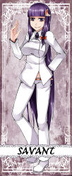 Rule 34 | 1girl, alternate costume, aoshima, contemporary, crescent, crescent hair ornament, dress shirt, french text, grin, hair ornament, hand on own hip, highres, impossible clothes, impossible shirt, long hair, necktie, no headwear, no headwear, patchouli knowledge, purple eyes, purple hair, shirt, smile, solo, touhou