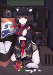 Rule 34 | 1girl, :t, airool, animal ear fluff, animal ears, azur lane, bell, black hair, black kimono, blush, breasts, broken, cat ears, cat girl, cat tail, cleavage, closed mouth, commentary request, flower, highres, indoors, japanese clothes, jingle bell, kimono, long sleeves, panties, pantyhose, pout, red eyes, red flower, red ribbon, ribbon, rising sun flag, shelf, short hair, sideboob, solo, sunburst, tail, tail ornament, tail ribbon, tears, underwear, vase, waves, white panties, white pantyhose, wide sleeves, yamashiro (azur lane)